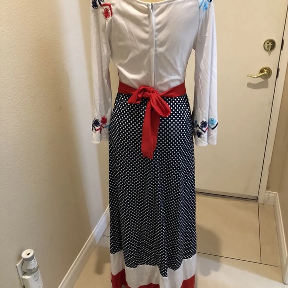 Vintage Long Sleeve Off Shoulder Maxi Dress Embroidered RWB polka dots S/M - Picture 3 of 5